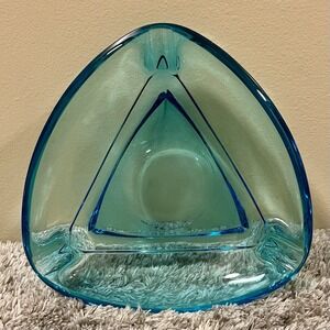 Vintage MCM Hazel Atlas Triangle Atomic Aqua Blue Glass Ashtray 7 Inches